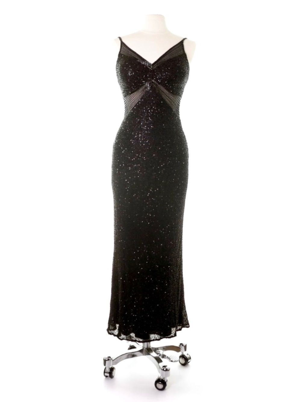 Vintage 90s Scala Silk Bead Formal Black Maxi Gown Dress L Petite Y2K Prom HOKO